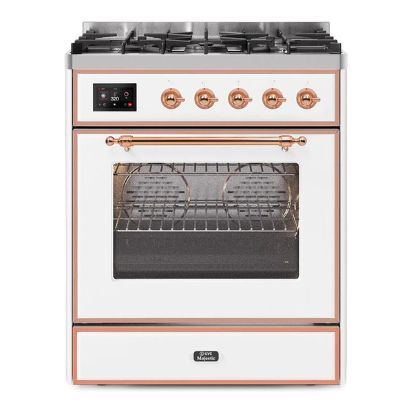 ILVE UM30DNE3WHP Majestic II 30 inch Dual Fuel Range with 5 Burners (Natural Gas, Triple Glass Door, White, Copper)
