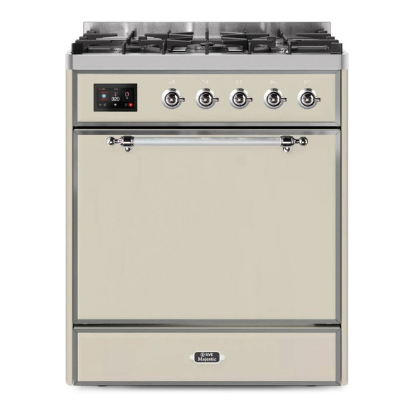 ILVE UM30DQNE3AWCLP Majestic II 30 inch Dual Fuel Range with 5 Burners (Liquid Propane, Solid Door, Antique White, Chrome)
