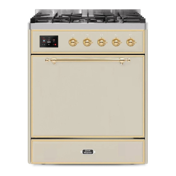 ILVE UM30DQNE3AWGLP Majestic II 30 inch Dual Fuel Range with 5 Burners (Liquid Propane, Solid Door, Antique White, Brass)