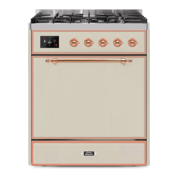 ILVE UM30DQNE3AWPLP Majestic II 30 inch Dual Fuel Range with 5 Burners (Liquid Propane, Solid Door, Antique White, Copper)
