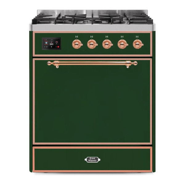 ILVE UM30DQNE3EGPLP Majestic II 30 inch Dual Fuel Range with 5 Burners (Liquid Propane, Solid Door, Emerald Green, Copper)
