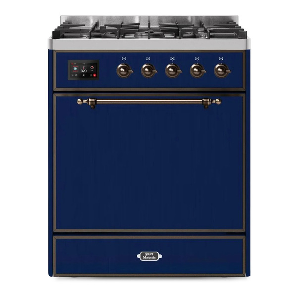 ILVE UM30DQNE3MBB Majestic II 30 inch Dual Fuel Range with 5 Burners (Natural Gas, Solid Door, Midnight Blue, Burnished)