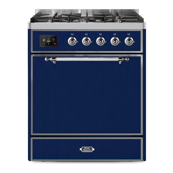 ILVE UM30DQNE3MBCLP Majestic II 30 inch Dual Fuel Range with 5 Burners (Liquid Propane, Solid Door, Midnight Blue, Chrome)