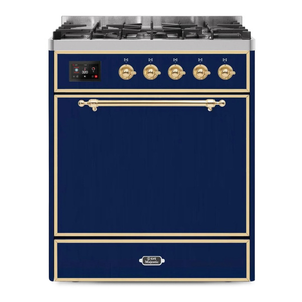 ILVE UM30DQNE3MBGLP Majestic II 30 inch Dual Fuel Range with 5 Burners (Liquid Propane, Solid Door, Midnight Blue, Brass)