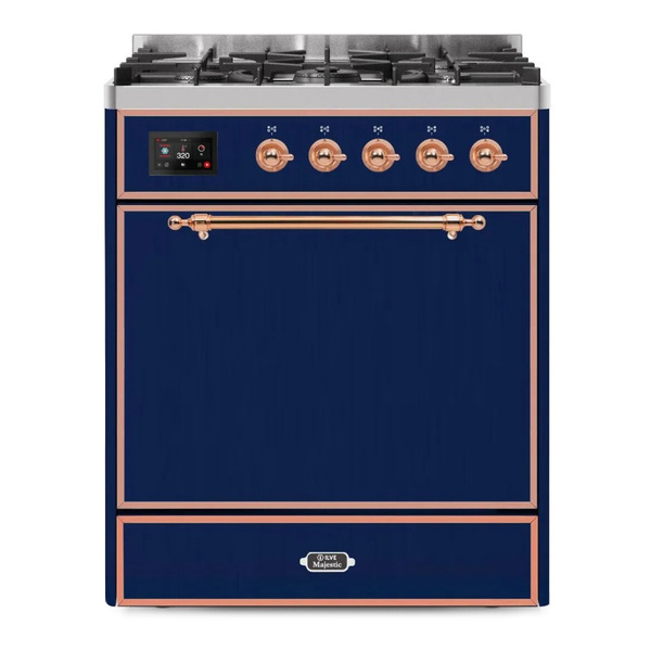 ILVE UM30DQNE3MBPLP Majestic II 30 inch Dual Fuel Range with 5 Burners (Liquid Propane, Solid Door, Midnight Blue, Copper)