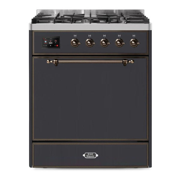 ILVE UM30DQNE3MGBLP Majestic II 30 inch Dual Fuel Range with 5 Burners (Liquid Propane, Solid Door, Graphite Matte, Burnished)