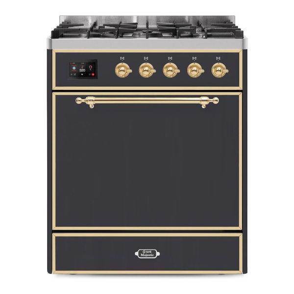 ILVE UM30DQNE3MGGLP Majestic II 30 inch Dual Fuel Range with 5 Burners (Liquid Propane, Solid Door, Graphite Matte, Brass)