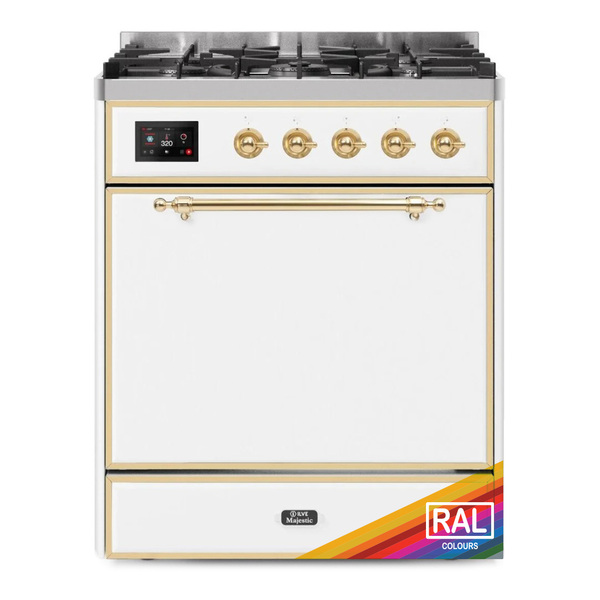 ILVE UM30DQNE3RAG Majestic II 30 inch Dual Fuel Range with 5 Burners (Natural Gas, Solid Door, RAL, Brass)