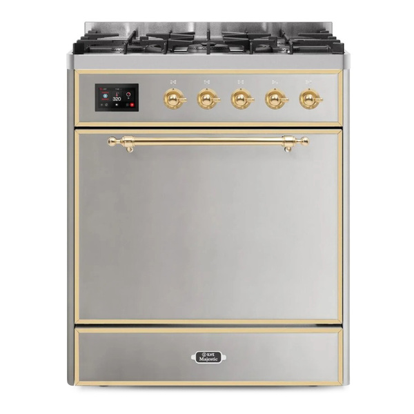 ILVE UM30DQNE3SSG Majestic II 30 inch Dual Fuel Range with 5 Burners (Natural Gas, Solid Door, Stainless Steel, Brass)
