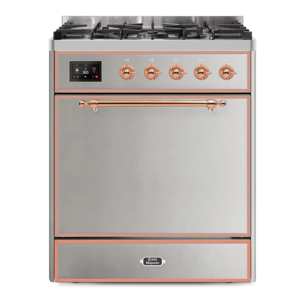 ILVE UM30DQNE3SSP Majestic II 30 inch Dual Fuel Range with 5 Burners (Natural Gas, Solid Door, Stainless Steel, Copper)