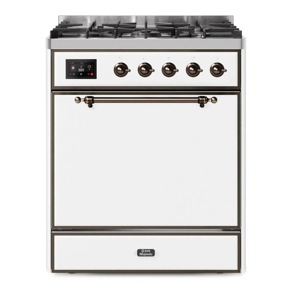 ILVE UM30DQNE3WHBLP Majestic II 30 inch Dual Fuel Range with 5 Burners (Liquid Propane, Solid Door, White, Burnished)