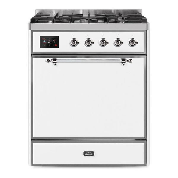 ILVE UM30DQNE3WHCLP Majestic II 30 inch Dual Fuel Range with 5 Burners (Liquid Propane, Solid Door, White, Chrome)