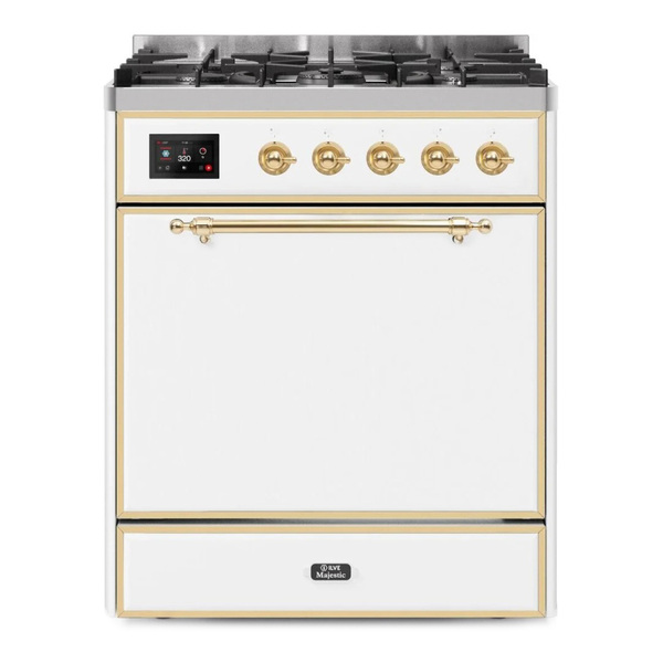 ILVE UM30DQNE3WHGLP Majestic II 30 inch Dual Fuel Range with 5 Burners (Liquid Propane, Solid Door, White, Brass)