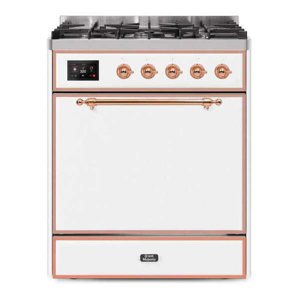 ILVE UM30DQNE3WHPLP Majestic II 30 inch Dual Fuel Range with 5 Burners (Liquid Propane, Solid Door, White, Copper)
