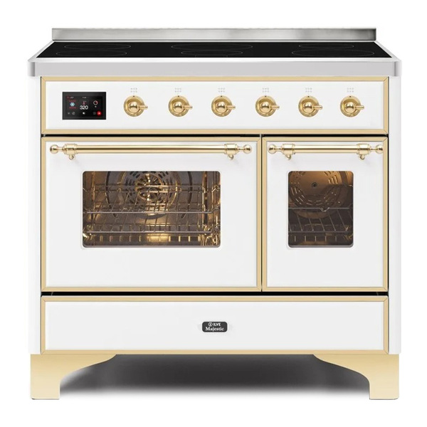 ILVE UMDI10NS3WHG Majestic II 40 inch Induction Range with 6 Elements, Booster Function, Bridge Control, Residual Heat Indicator (Triple Glass Door, White, Brass)