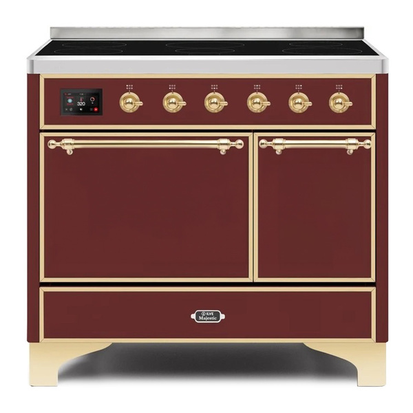 ILVE UMDI10QNS3BUG Majestic II 40 inch Induction Range with 6 Elements, Booster Function, Bridge Control, Residual Heat Indicator (Solid Door, Burgundy, Brass)