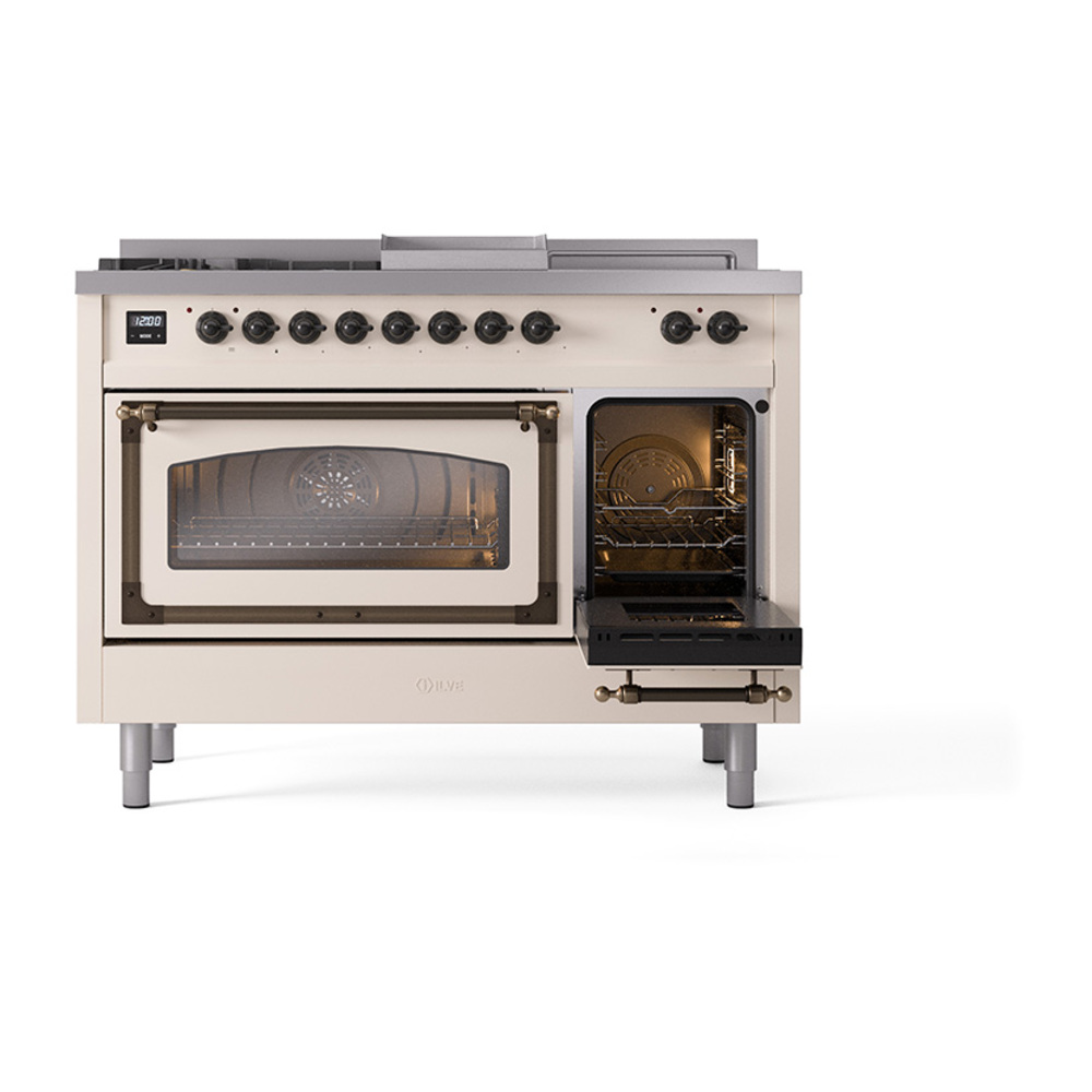 ILVE_UN48FSNMPAWBLP_Nostalgie_II_48"_Dual_Fuel_Range_side_oven_door_opened