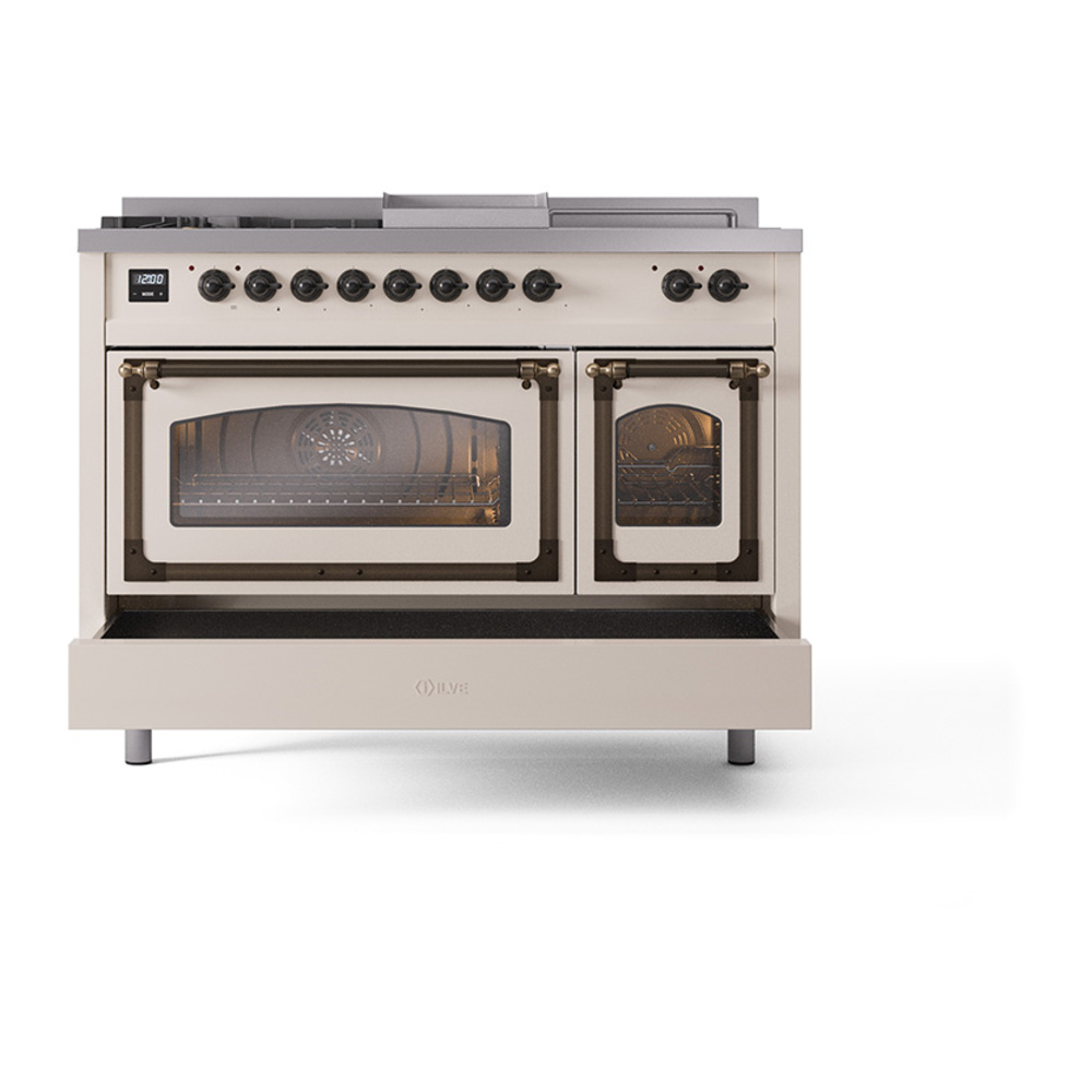 ILVE_UN48FSNMPAWBLP_Nostalgie_II_48"_Dual_Fuel_Range_drawer_opened