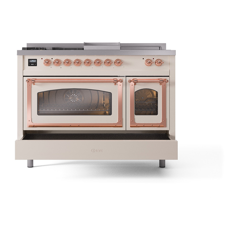 ILVE_UN48FSNMPAWP_Nostalgie_II_48"_Dual_Fuel_Range_drawer_opened