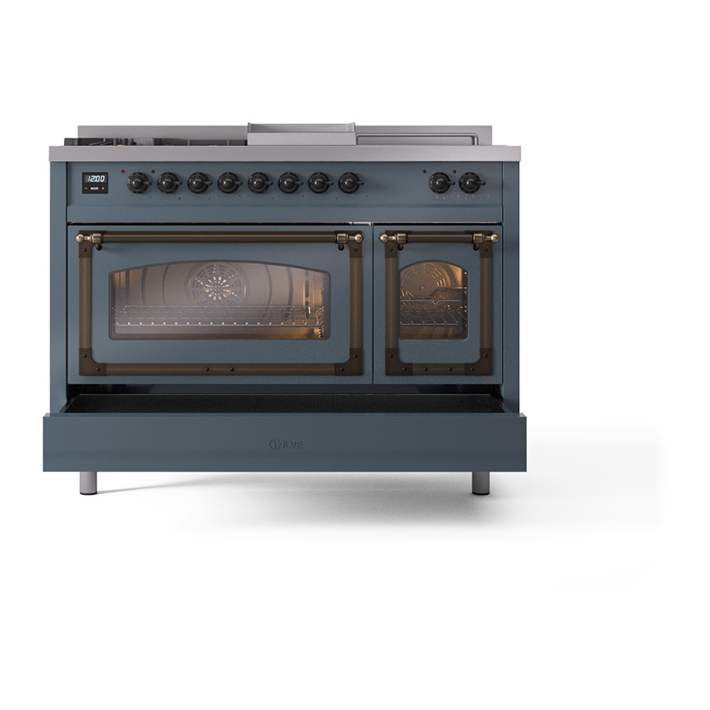 ILVE_UN48FSNMPBGBLP_Nostalgie_II_48"_Dual_Fuel_Range_drawer_opened