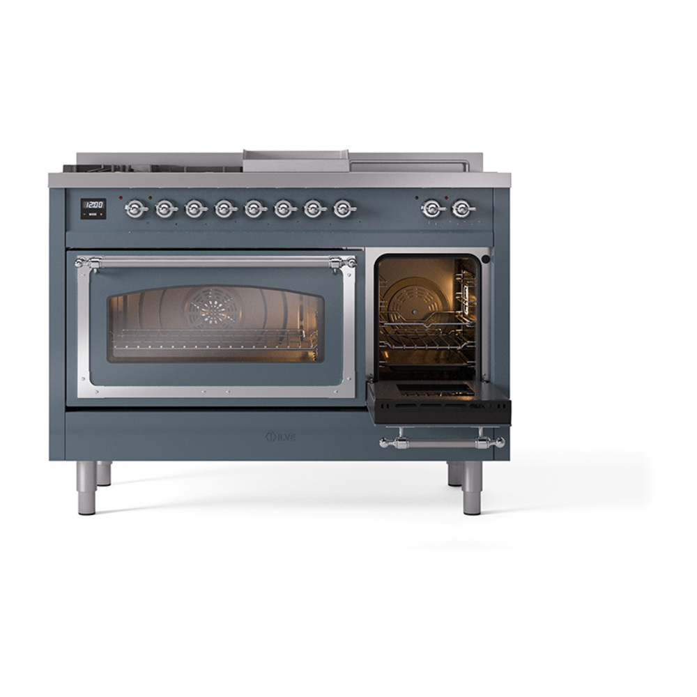 ILVE_UN48FSNMPBGC_Nostalgie_II_48"_Dual_Fuel_Range_side_oven_door_opened