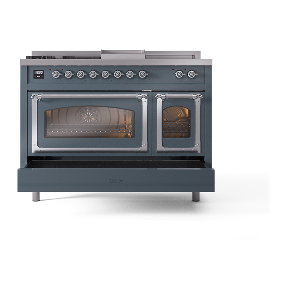 ILVE_UN48FSNMPBGC_Nostalgie_II_48"_Dual_Fuel_Range_drawer_opened