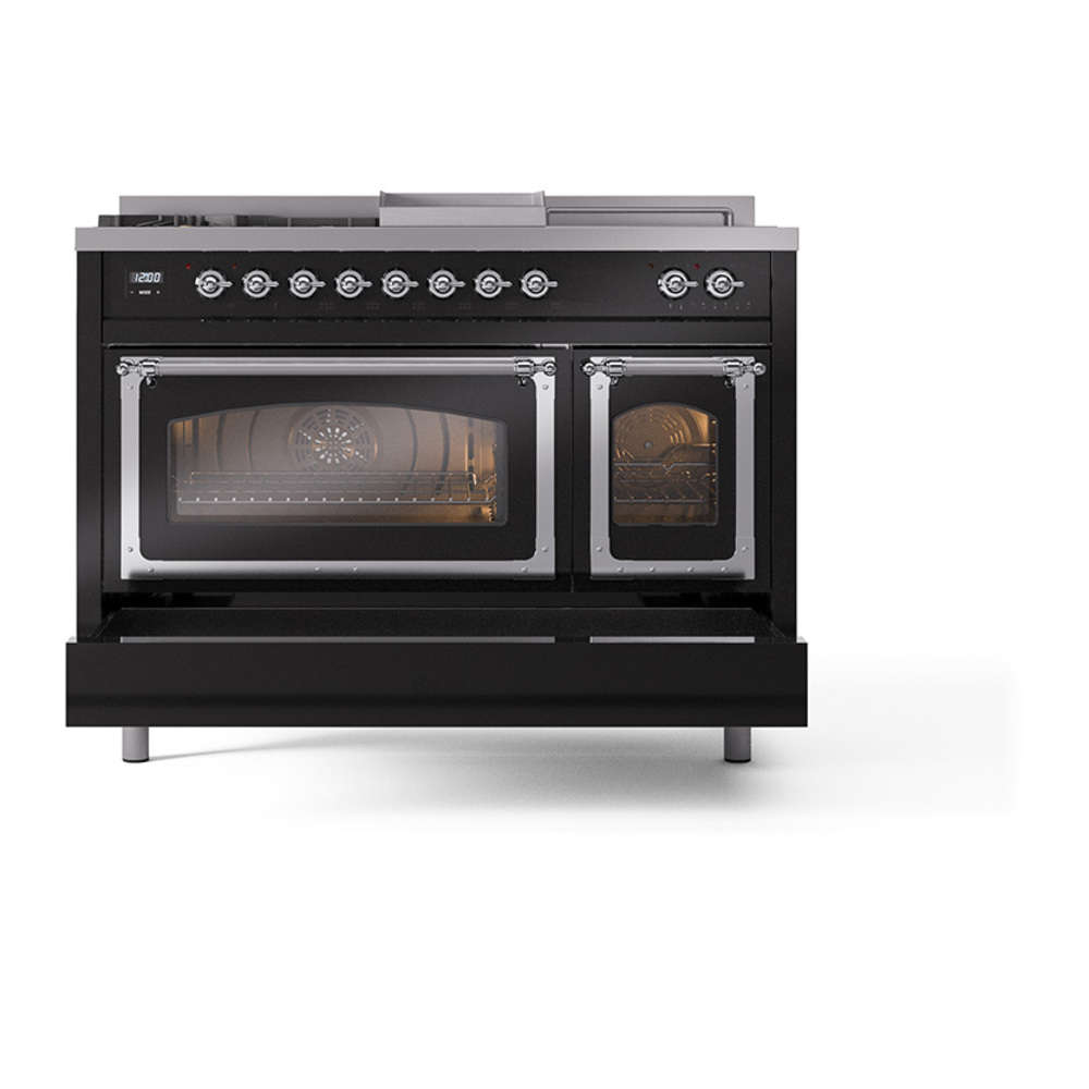ILVE_UN48FSNMPBKCLP_Nostalgie_II_48"_Dual_Fuel_Range_drawer_opened