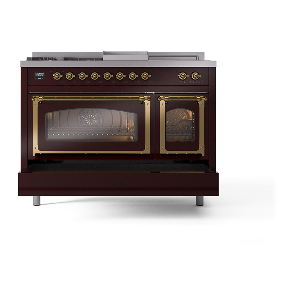 ILVE_UN48FSNMPBUGLP_Nostalgie_II_48"_Dual_Fuel_Range_drawer_opened