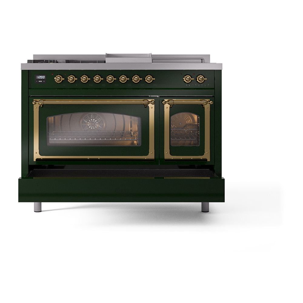 ILVE_UN48FSNMPEGGLP_Nostalgie_II_48"_Dual_Fuel_Range_drawer_opened