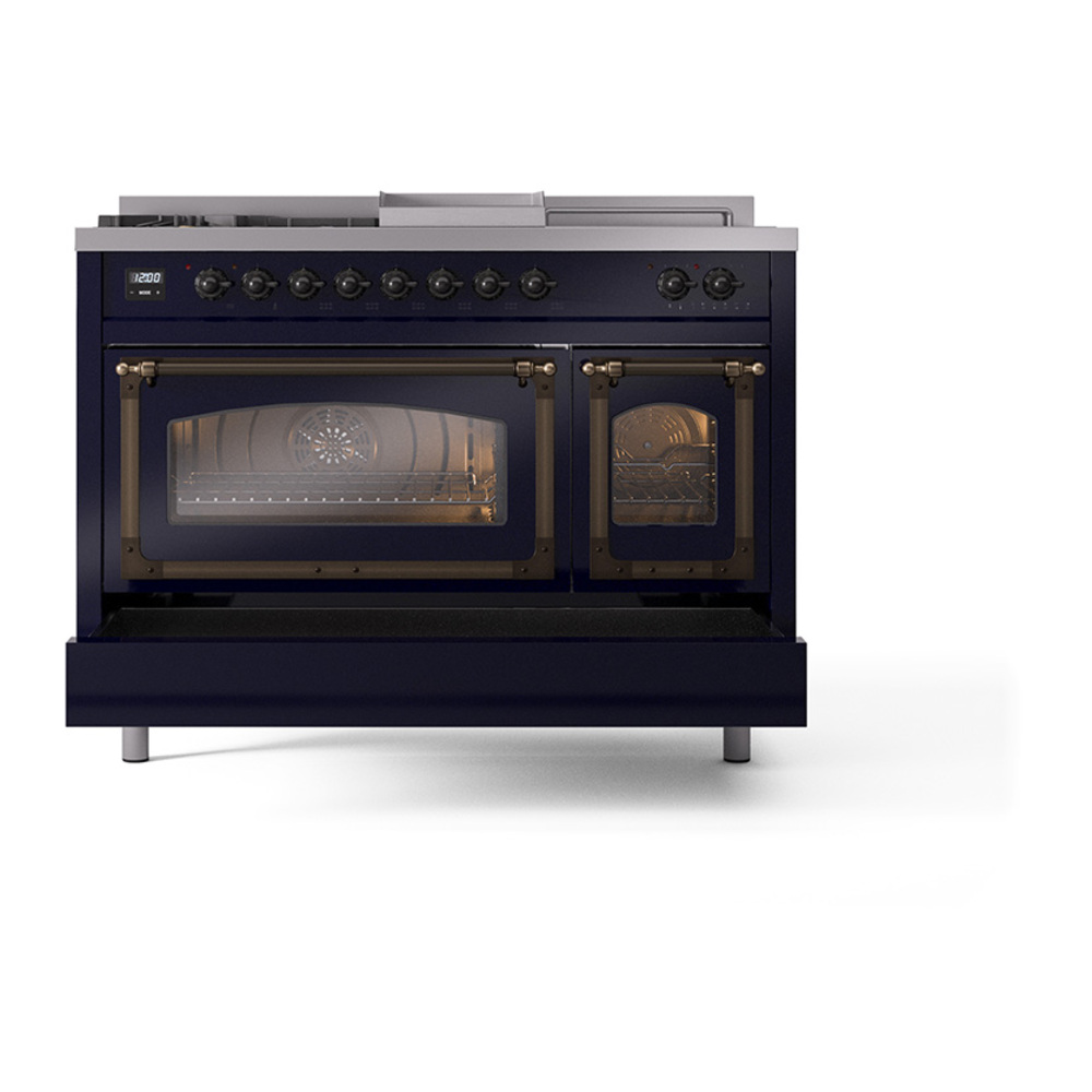 ILVE_UN48FSNMPMBBLP_Nostalgie_II_48"_Dual_Fuel_Range_drawer_opened