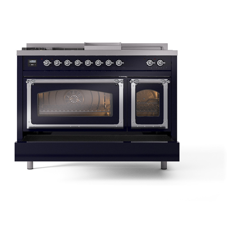 ILVE_UN48FSNMPMBCLP_Nostalgie_II_48"_Dual_Fuel_Range_drawer_opened