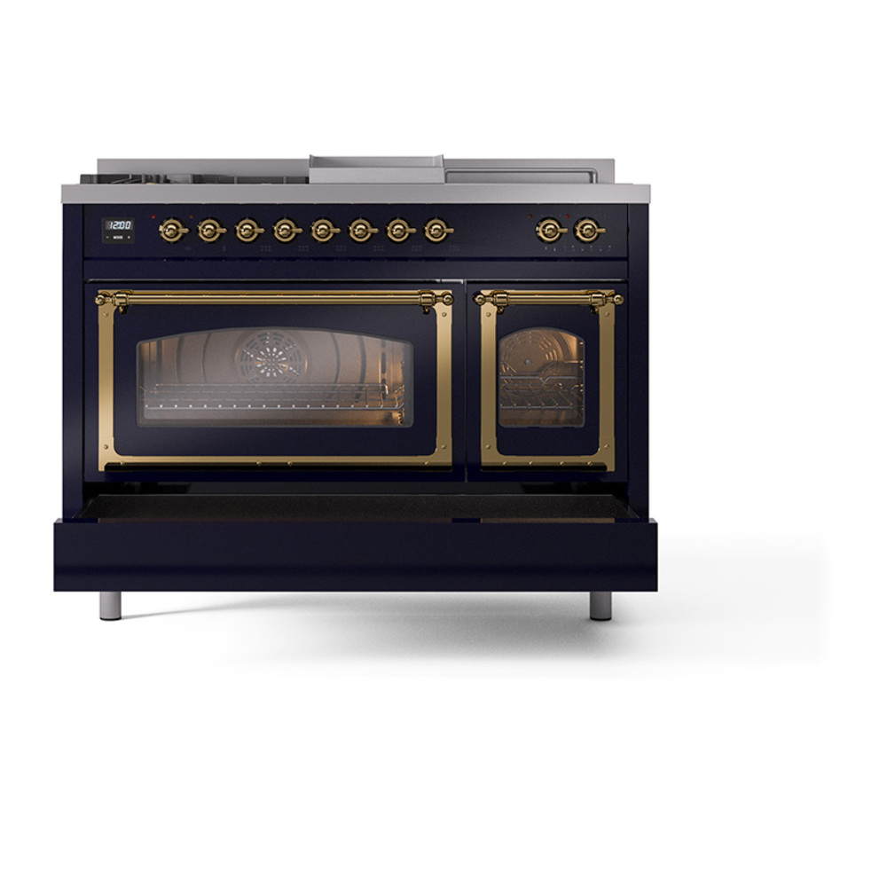 ILVE_UN48FSNMPMBGLP_Nostalgie_II_48"_Dual_Fuel_Range_drawer_opened