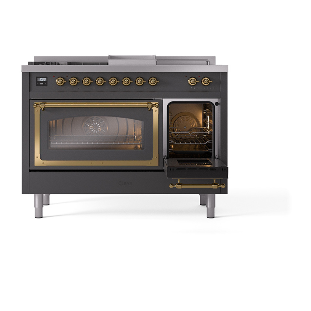 ILVE_UN48FSNMPMGGLP_Nostalgie_II_48"_Dual_Fuel_Range_side_oven_door_opened