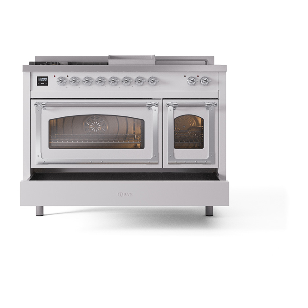 ILVE_UN48FSNMPRAC_Nostalgie_II_48"_Dual_Fuel_Range_drawer_opened