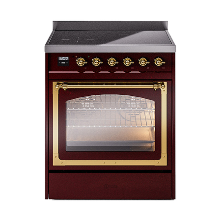 ILVE UNI304NMPBUG Nostalgie II Noblesse 30 inch Induction Range (Triple Glass Door, Burgundy, Brass)