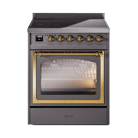 ILVE UNI304NMPMGG Nostalgie II Noblesse 30 inch Induction Range (Triple Glass Door, Graphite Matte, Brass)