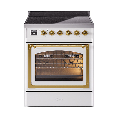 ILVE UNI304NMPWHG Nostalgie II Noblesse 30 inch Induction Range (Triple Glass Door, White, Brass)