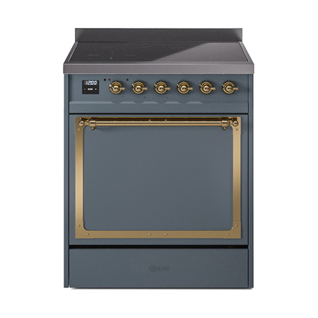 ILVE UNI304QNMPBGG Nostalgie II Noblesse 30 inch Induction Range (Solid Door, Blue Grey, Brass)