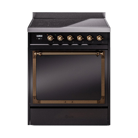 ILVE UNI304QNMPBKB Nostalgie II Noblesse 30 inch Induction Range (Solid Door, Glossy Black, Burnished)
