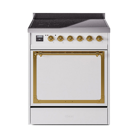 ILVE UNI304QNMPWHG Nostalgie II Noblesse 30 inch Induction Range (Solid Door, White, Brass)
