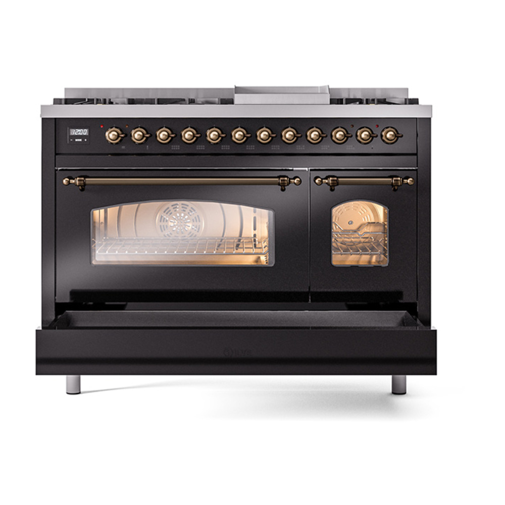 ILVE_UP48FNMPBKB_Nostalgie_II_48"_Dual_Fuel_Range_drawer_opened