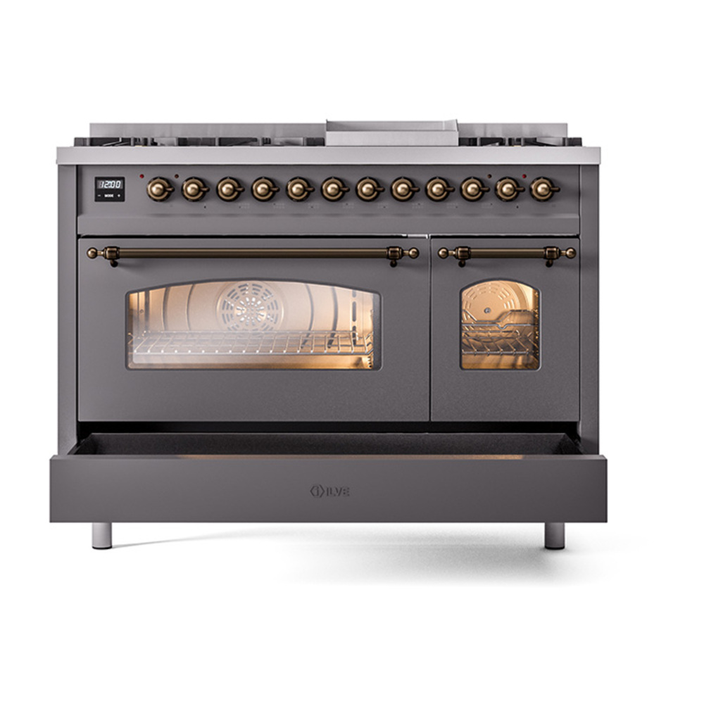 ILVE_UP48FNMPMGBLP_Nostalgie_II_48"_Dual_Fuel_Range_drawer_opened