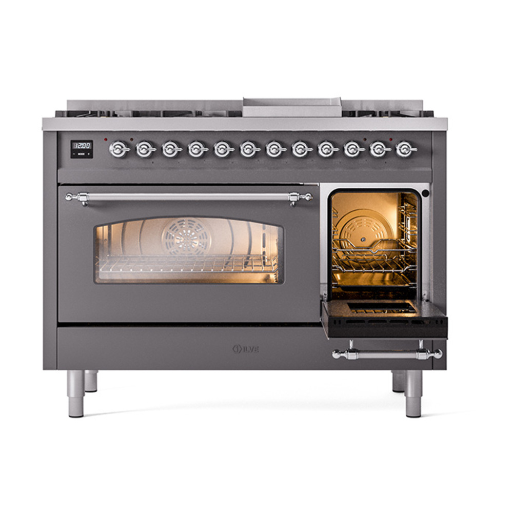 ILVE_UP48FNMPMGCLP_Nostalgie_II_48"_Dual_Fuel_Range_side_oven_door_opened