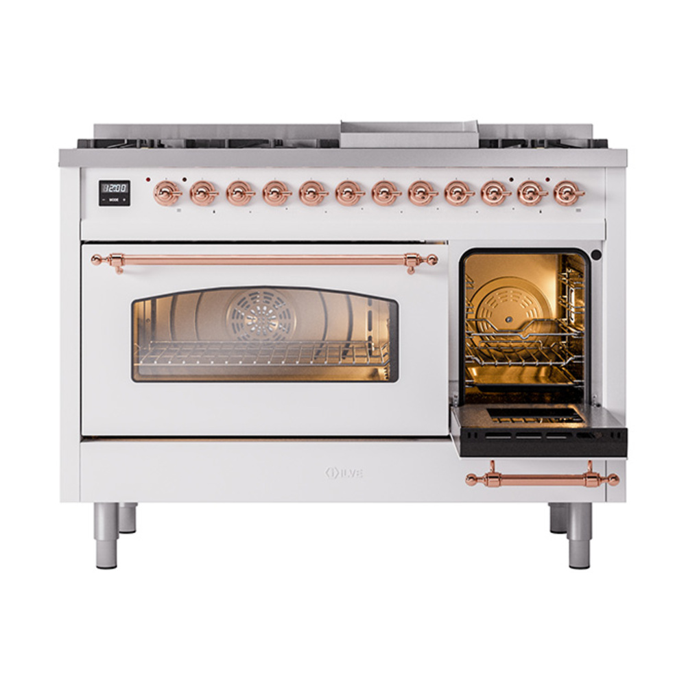 ILVE_UP48FNMPWHPLP_Nostalgie_II_48"_Dual_Fuel_Range_side_oven_door_opened