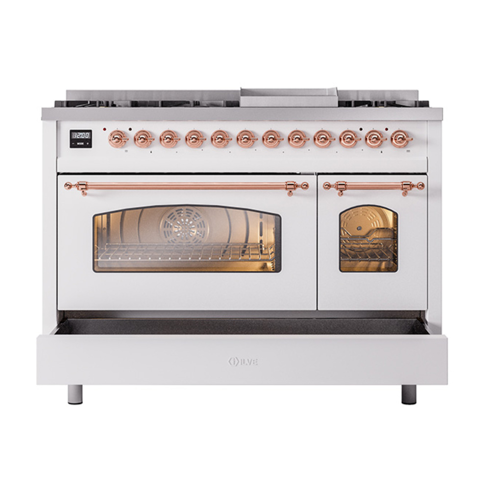 ILVE_UP48FNMPWHPLP_Nostalgie_II_48"_Dual_Fuel_Range_drawer_opened