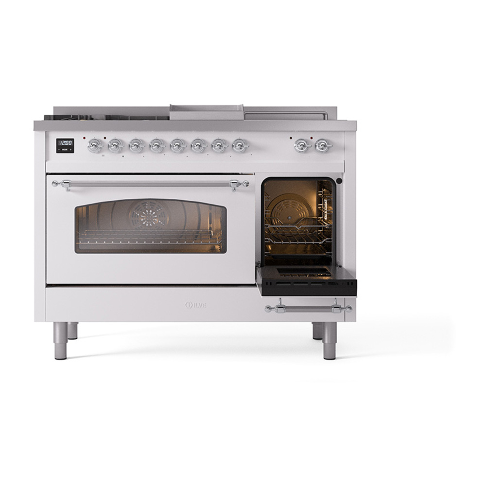ILVE_UP48FSNMPWHC_Nostalgie_II_48"_Dual_Fuel_Range_side_oven_door_opened