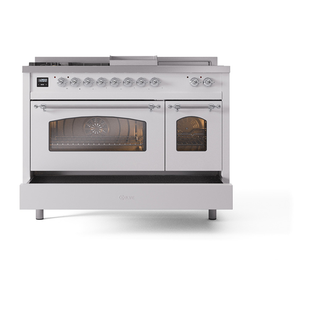 ILVE_UP48FSNMPWHC_Nostalgie_II_48"_Dual_Fuel_Range_drawer_opened