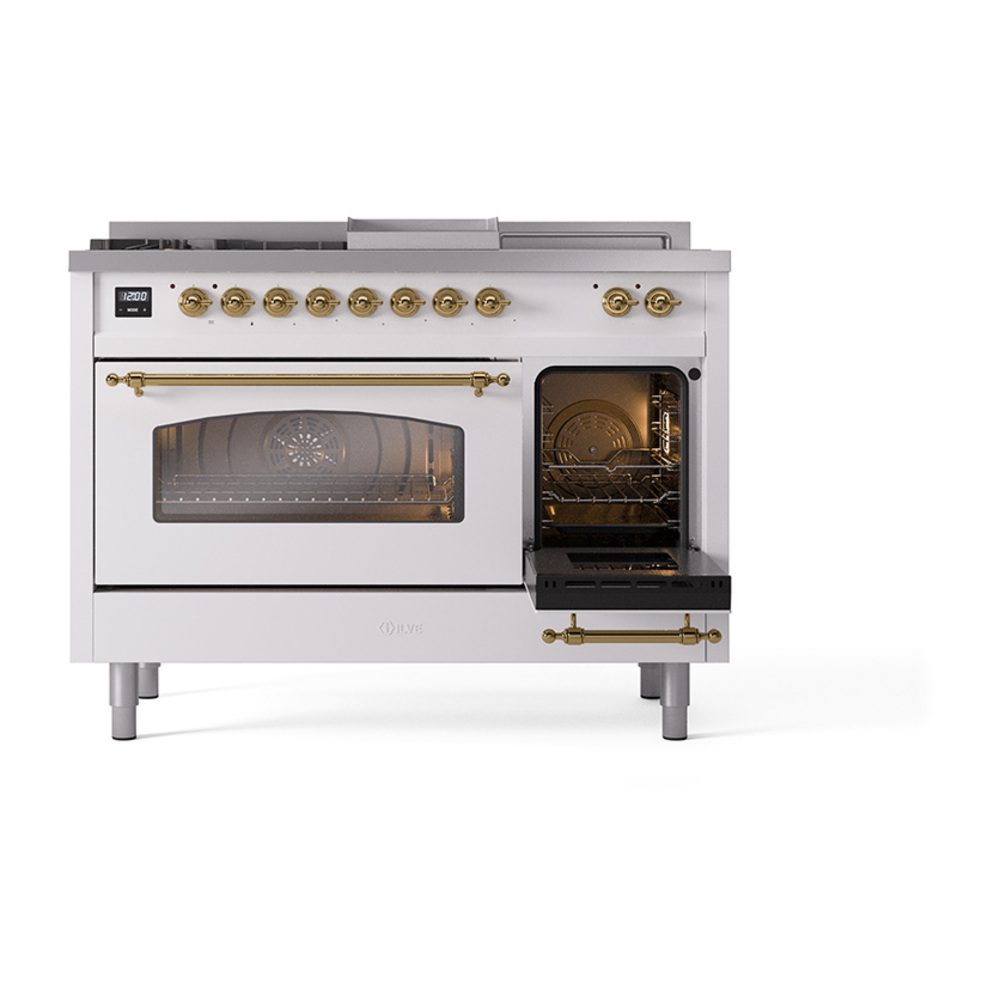 ILVE_UP48FSNMPWHGLP_Nostalgie_II_48"_Dual_Fuel_Range_side_oven_door_opened