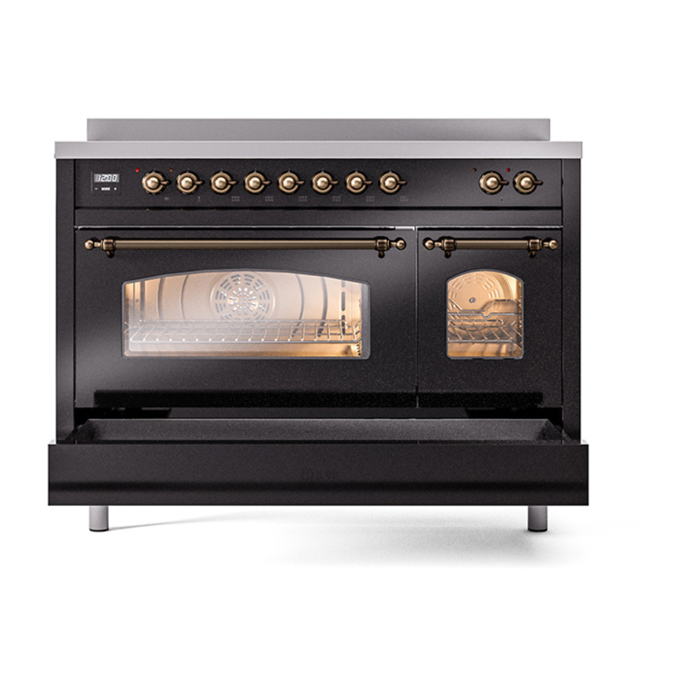 ILVE_UPI486NMPBKB_Nostalgie_II_48"_Dual_Fuel_Range_drawer_opened