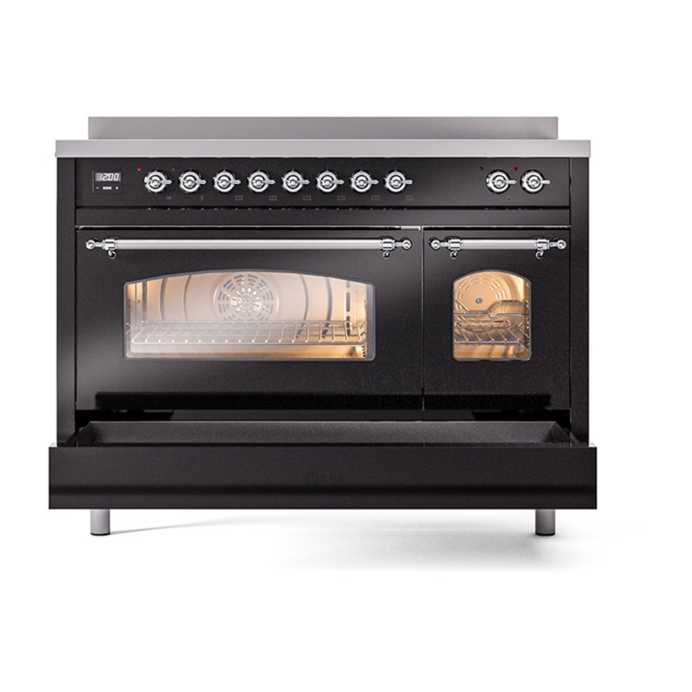 ILVE_UPI486NMPBKC_Nostalgie_II_48"_Dual_Fuel_Range_drawer_opened